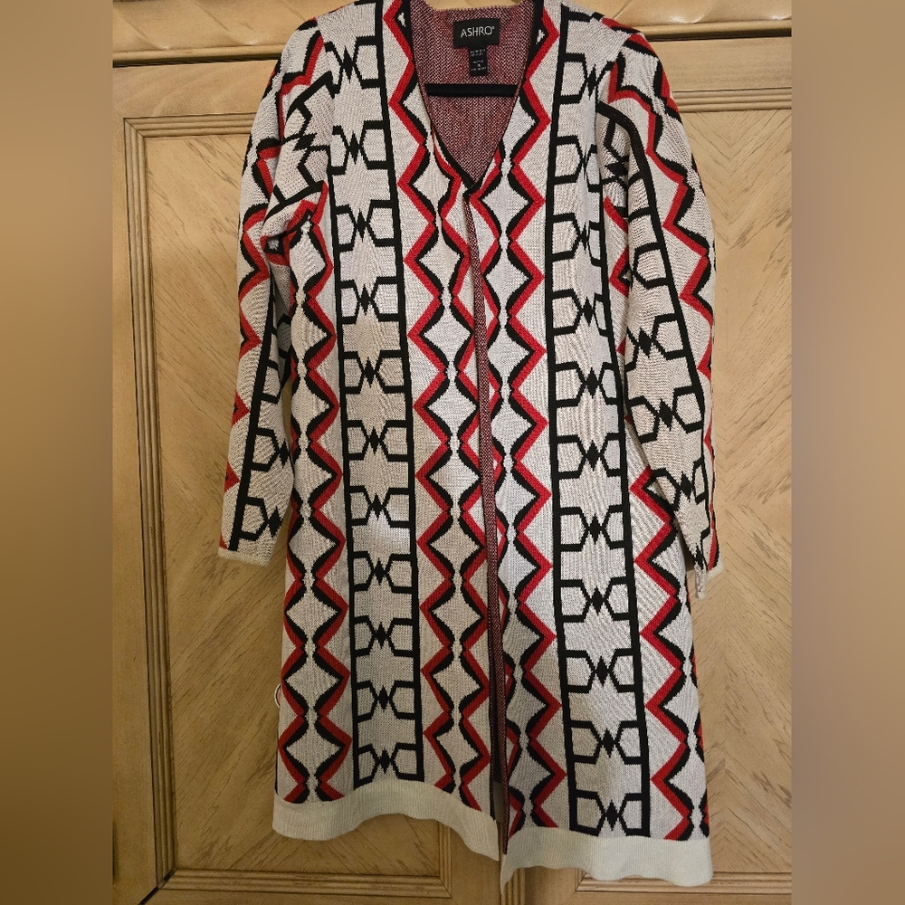 Ashro Red, Black and White Open Front Sweater. Size XL.